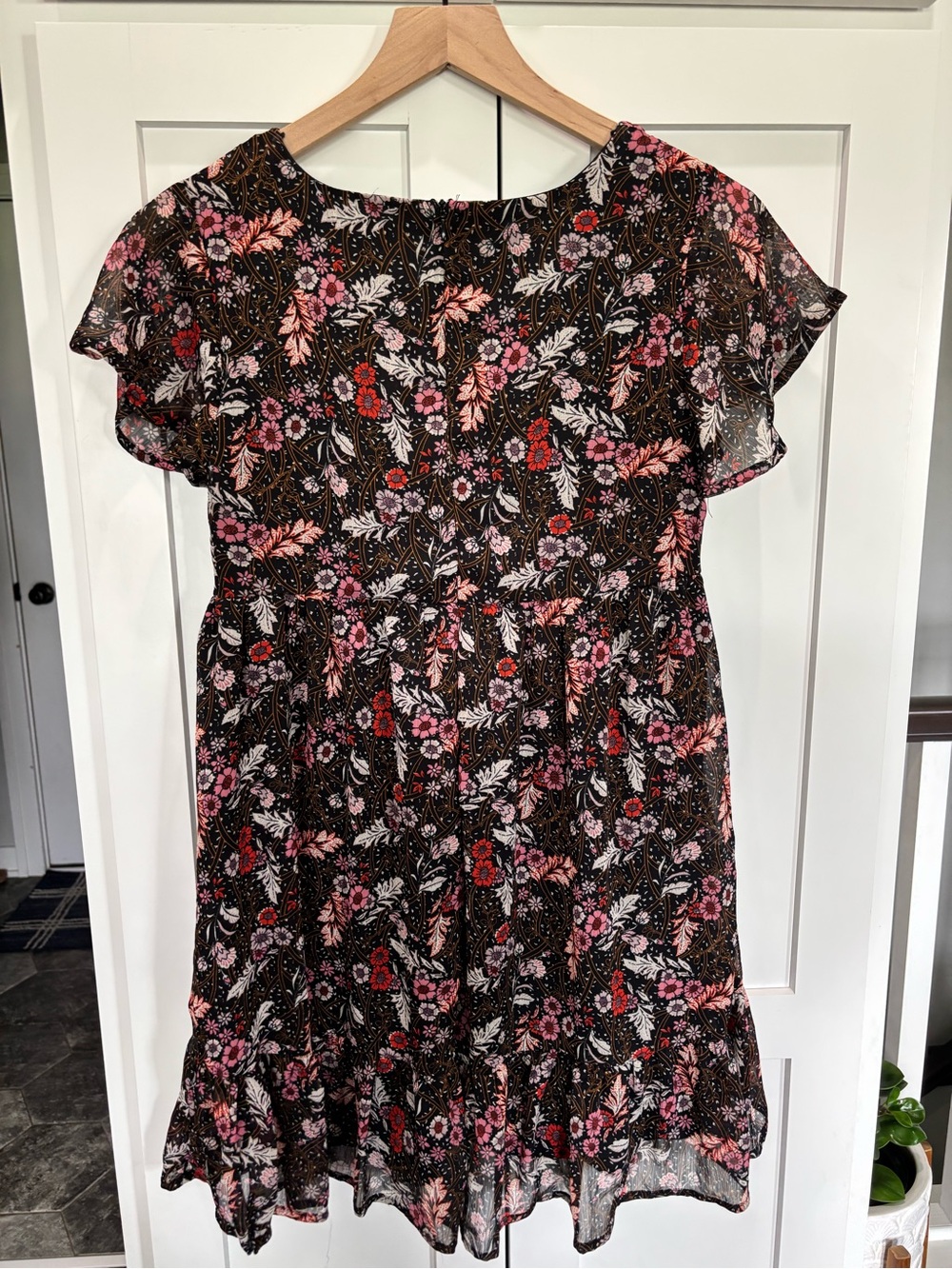 Altar'd State Black Floral V-Neck Mini Dress with Pink and Red Flowers - Picture 4 of 6